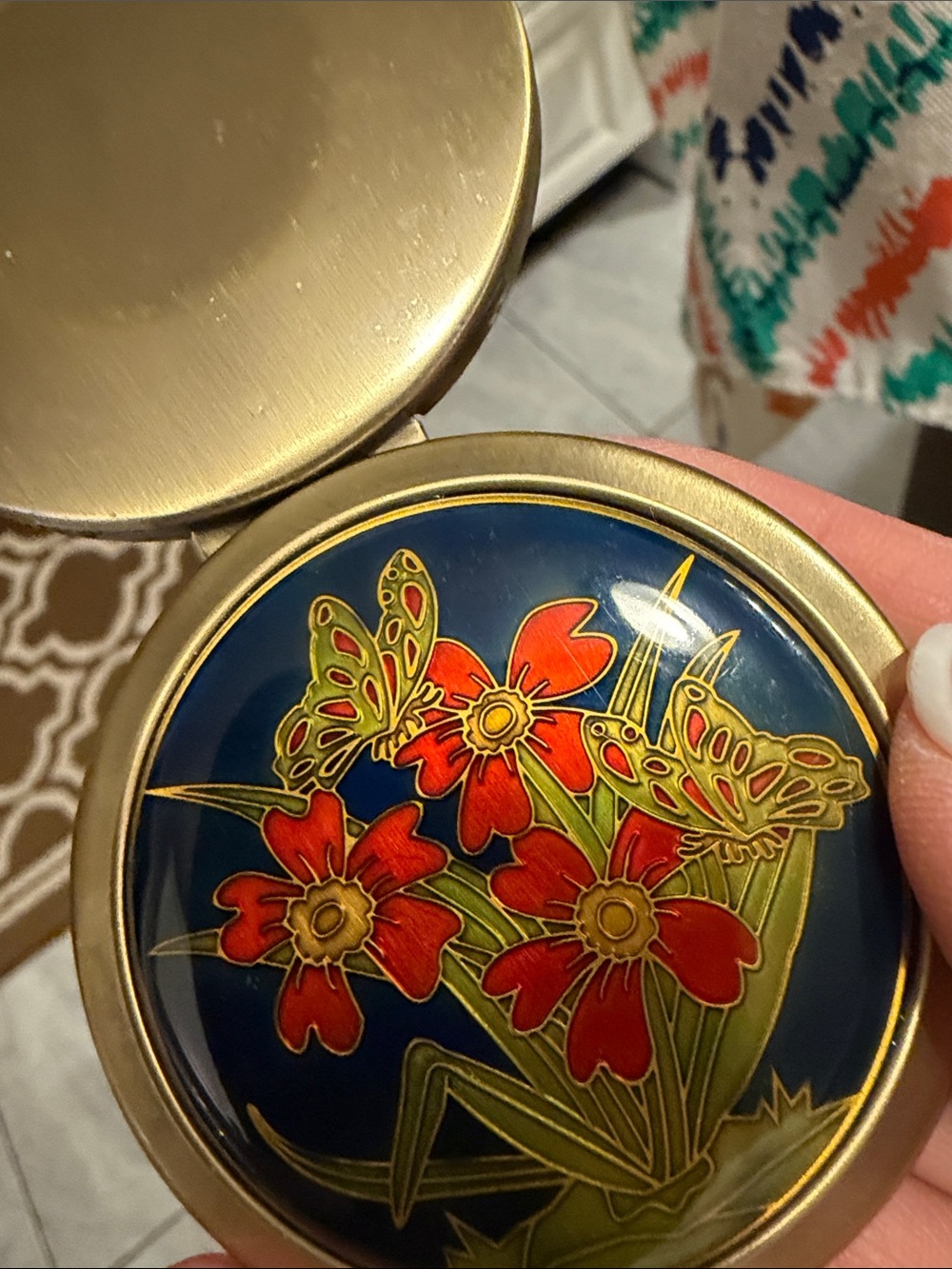 Vintage Decorative Brass Compact wBlue Enamel Floral Design excellent condition